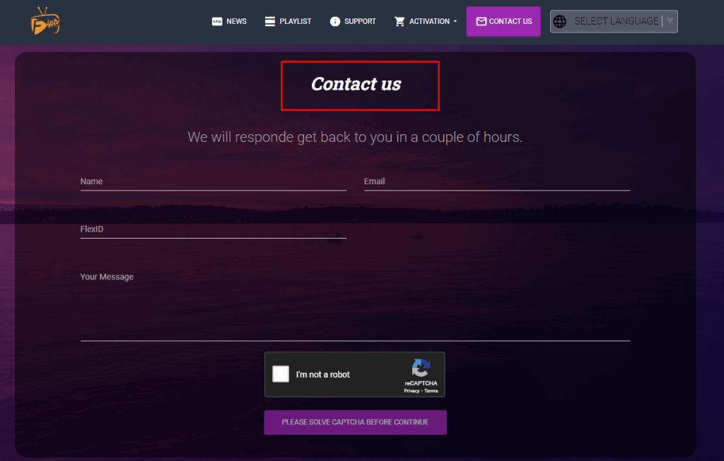 Flex IPTV Contact Us page