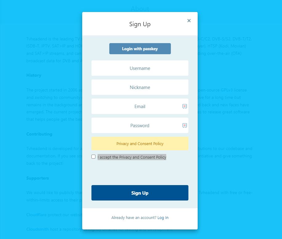 Sign Up for Tvheadend IPTV