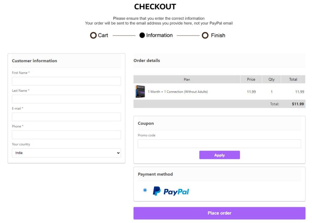 Typhoon Labs IPTV checkout page