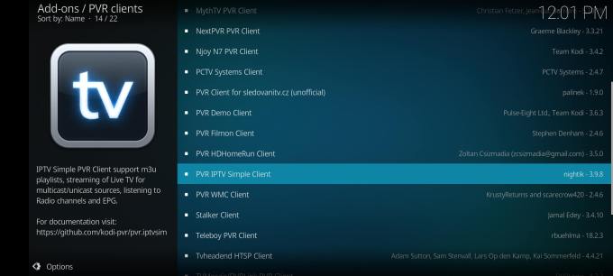 Choose the PVR IPTV Simple Client option