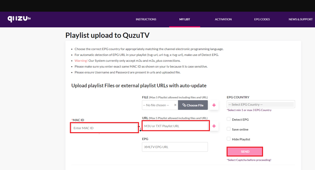 Upload the M3U link on the Quzu TV website