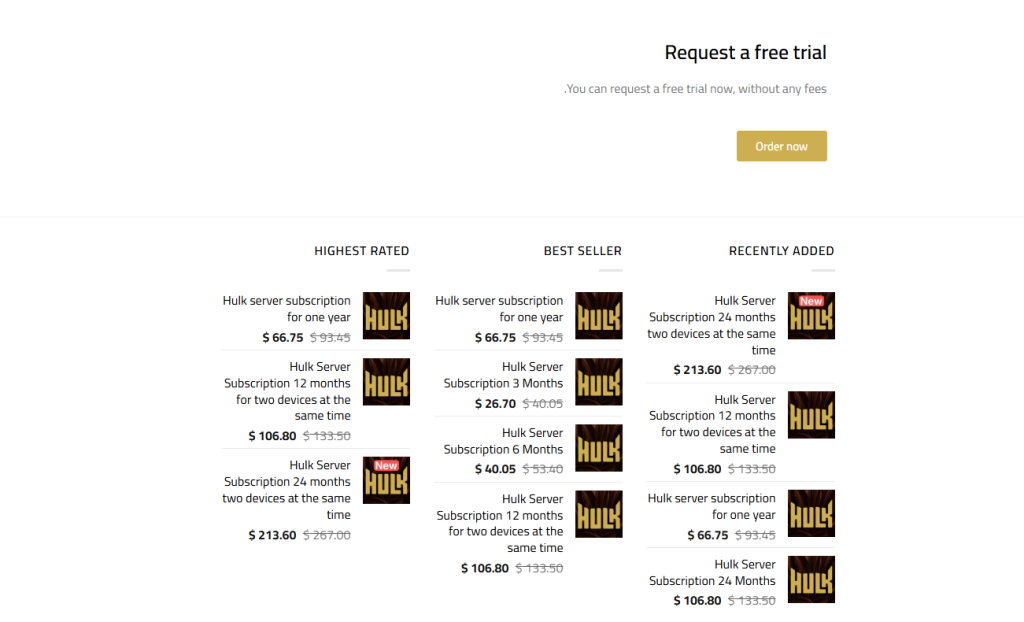 Subscription Plans of Hulk IPTV 