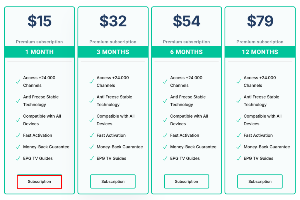 Subscription plans of Prime Streams IPTV