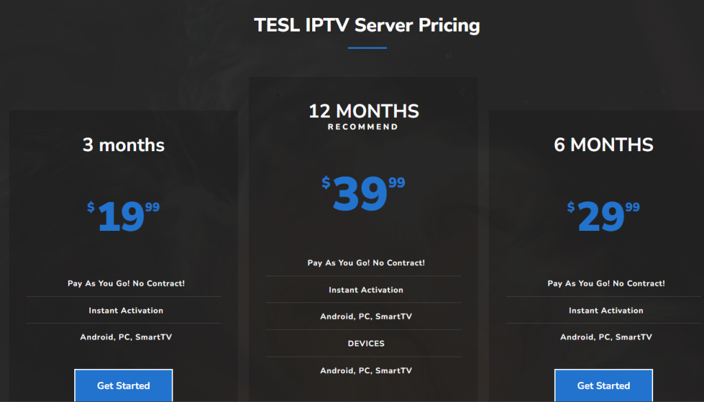 Subscription plans of Tesla IPTV