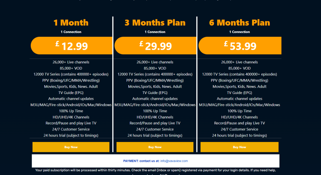 Subscription Plans of 
 Vavaview IPTV