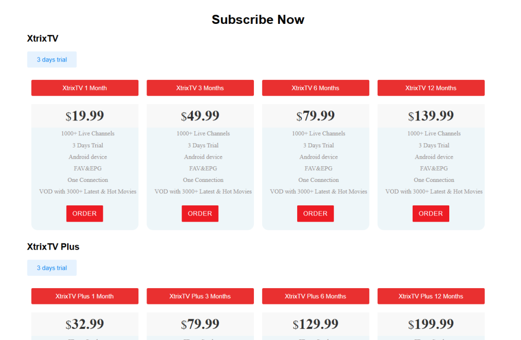 Subscription Plans of XtrixTV IPTV